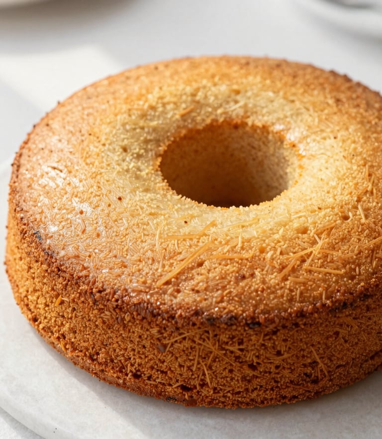 Close-up 45-degree angle of a rustic, homemade round orange cake with a center hole, soft natural morning daylight, warm organic tones, clean rustic setting, shallow depth of field