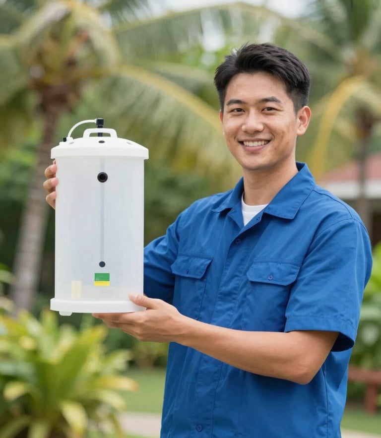 Bright professional pest control technician in clean uniform holding a modern eco-friendly bait station, natural tropical daylight, clean blue and green tones