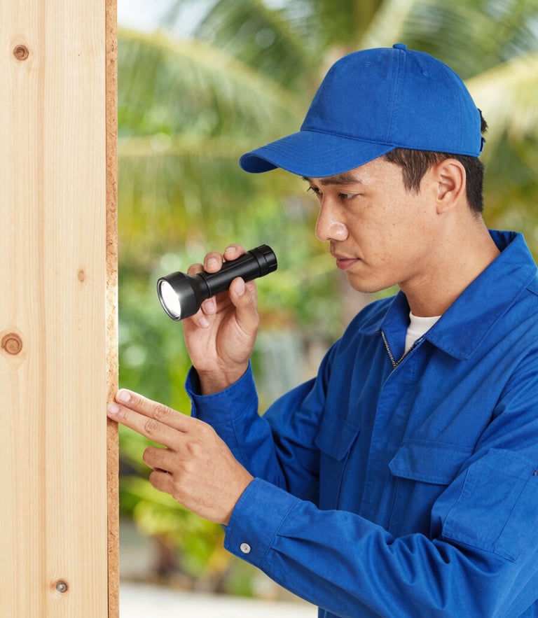 Bright professional photography of a pest control technician in a clean blue uniform inspecting structural wood with a flashlight, natural tropical daylight, sharp focus