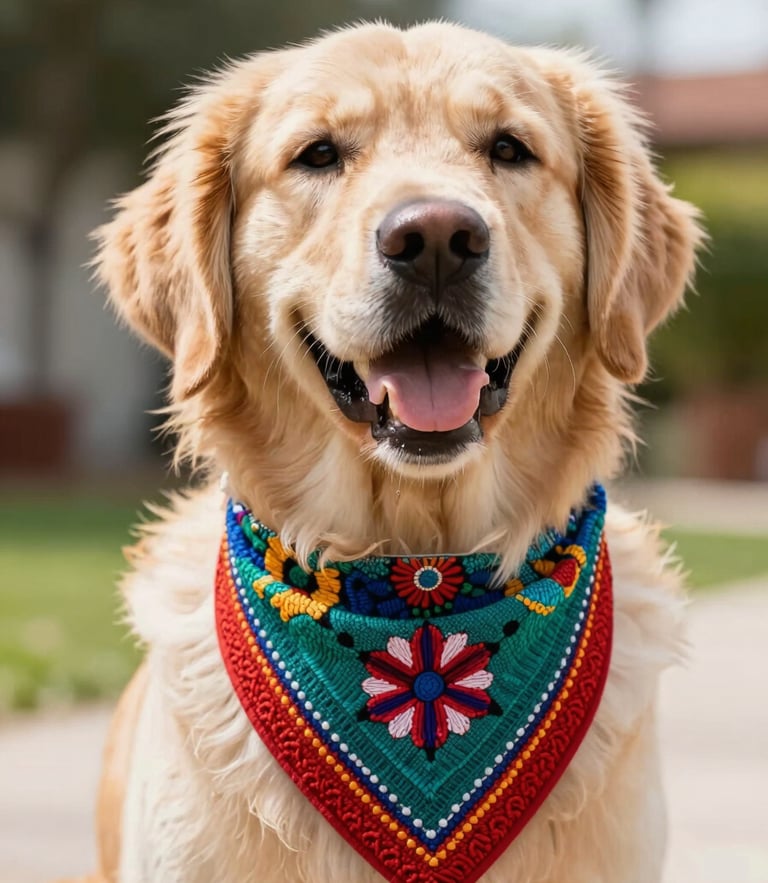 Perro feliz raza Golden Retriever con un collar con adorno de pañoleta bordada