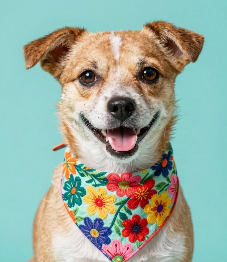 Vibrant eye-level portrait of a happy small dog wearing a colorful hand-stitched floral bandana, soft studio lighting, bright teal background