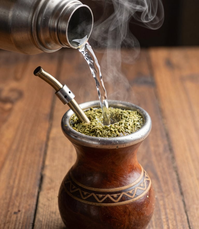 Tactile close-up of a traditional chimarrão being prepared, rich green yerba mate in a decorated gourd, hot water poured from a thermos, steam rising, warm rustic wooden background.