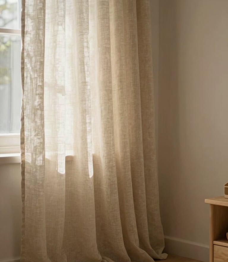 A beautifully styled child's bedroom corner with soft linen curtains, warm diffused light, serene Mediterranean atmosphere