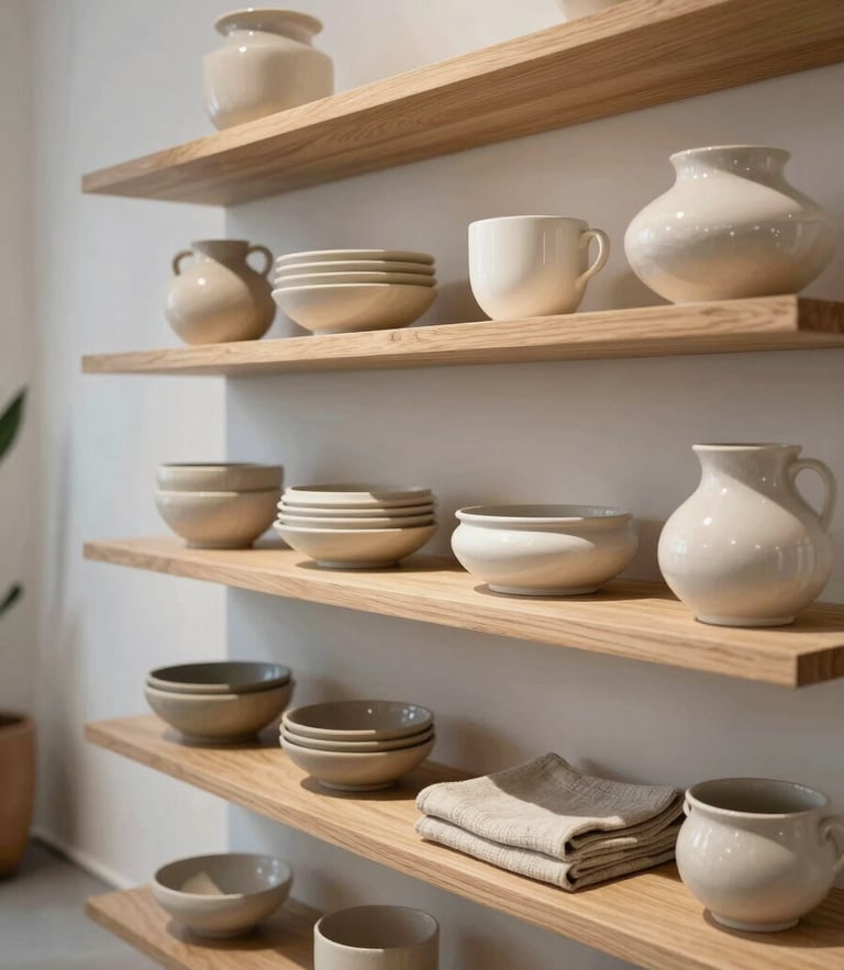 Bright interior of the Forcadell showroom in Castellón, featuring minimalist wooden shelves styled with neutral ceramics, linen textiles, and soft ambient lighting.