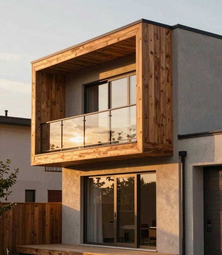 Architectural progress photo of a modern, energy-efficient multi-family home under soft golden-hour sunlight, warm wood accents, clean lines, 35mm lens