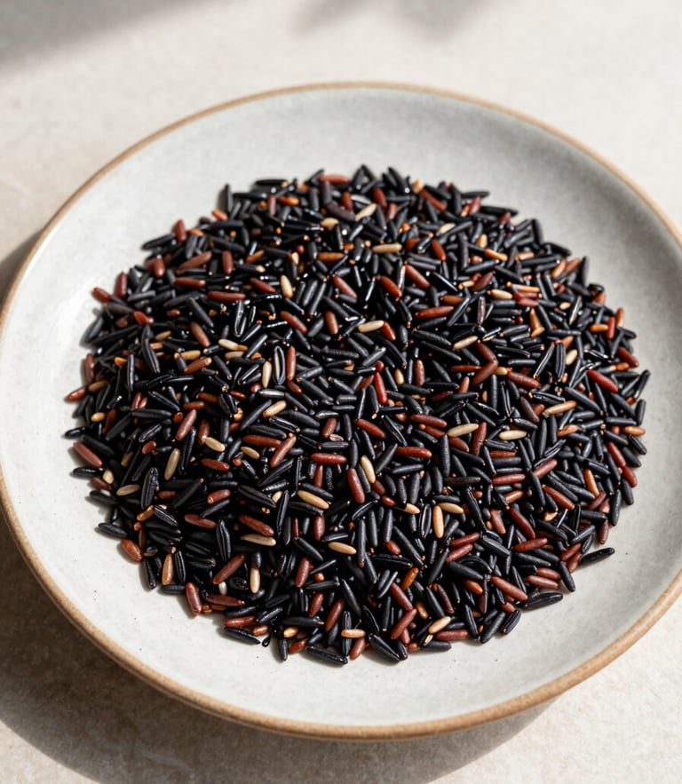 Overhead flat-lay of traditional Haitian griot and black rice on a textured ceramic plate, bright natural Florida sunlight, soft shadows