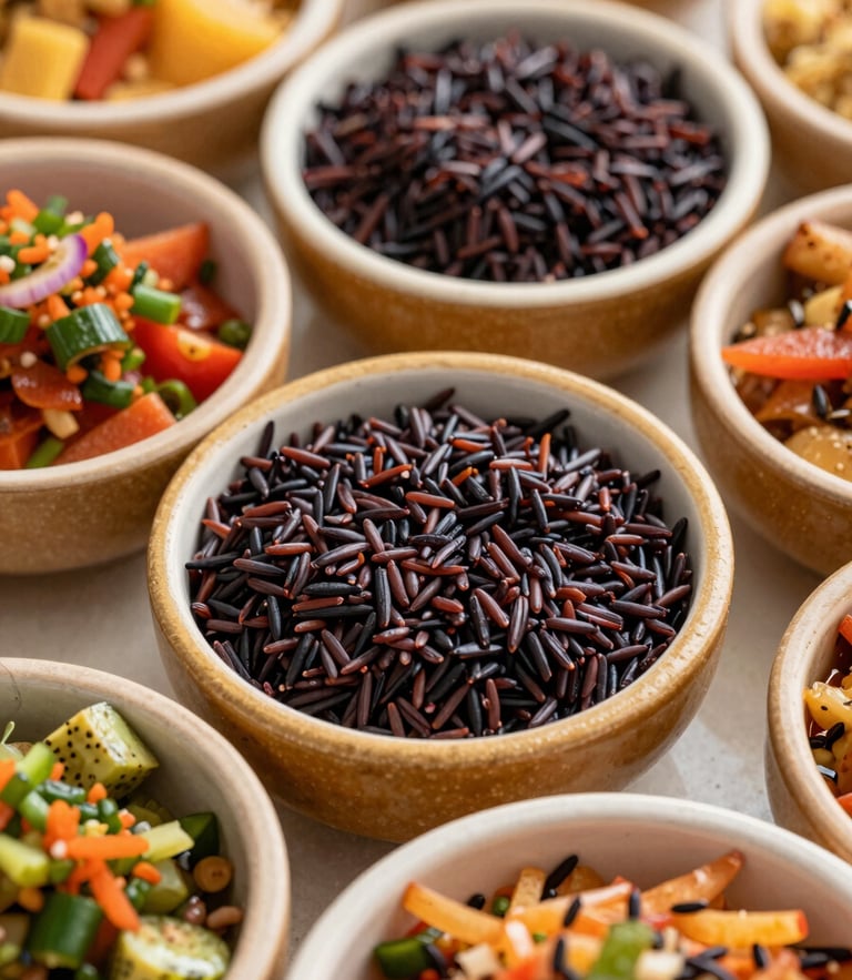 Close-up overhead flat-lay of a vibrant Haitian feast, golden griot, black rice, and fresh pikliz in ceramic bowls, warm natural Florida sunlight, rich saturated colors, shallow depth of field.