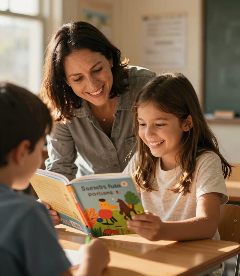 Warm golden-hour light illuminating a cozy classroom corner in Santa Barbara, a mentor and a young student laughing together over a colorful picture book, shallow depth of field, candid editorial photography.