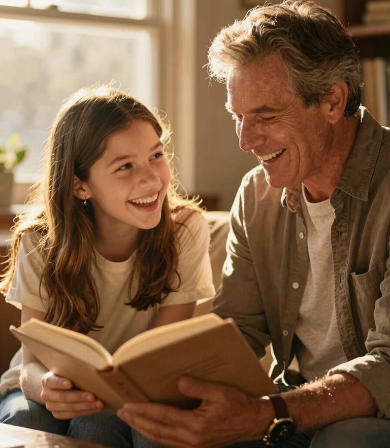 Candid medium shot of a mentor and a young student sharing a laugh over an open book in a sun-drenched Santa Barbara room, warm golden-hour light