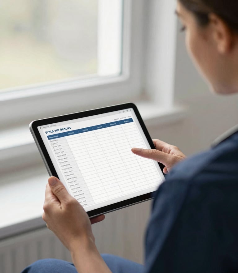 Over-the-shoulder perspective of a care home manager reviewing digital rotas on a tablet, soft natural window light, clinical slate gray tones, 35mm