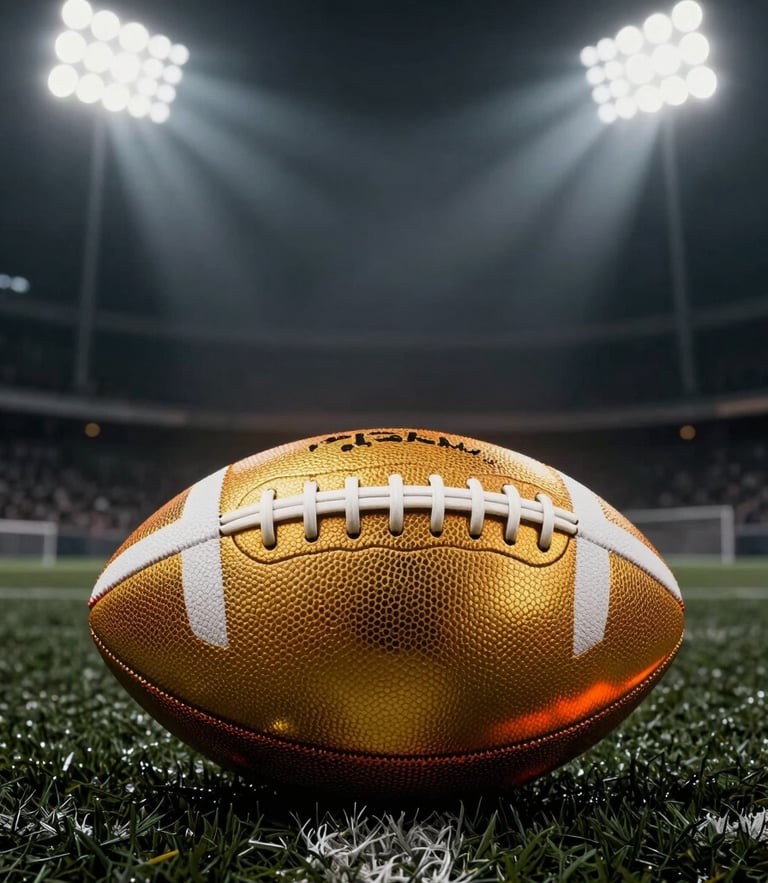 Dramatic low-angle shot of a glowing gold football on a dark turf, stadium floodlights cutting through mist in the background, high contrast, 35mm.