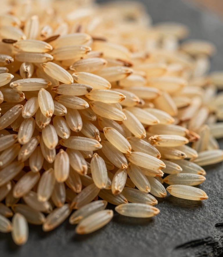 Industrial scale close-up of raw long-grain Basmati rice on a dark slate surface, sharp macro detail, warm golden-hour lighting, 35mm