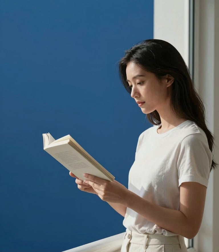 Portrait of a woman reading on a clean balcony, soft natural light, minimalist editorial style, clean editorial photography, 35mm lens.