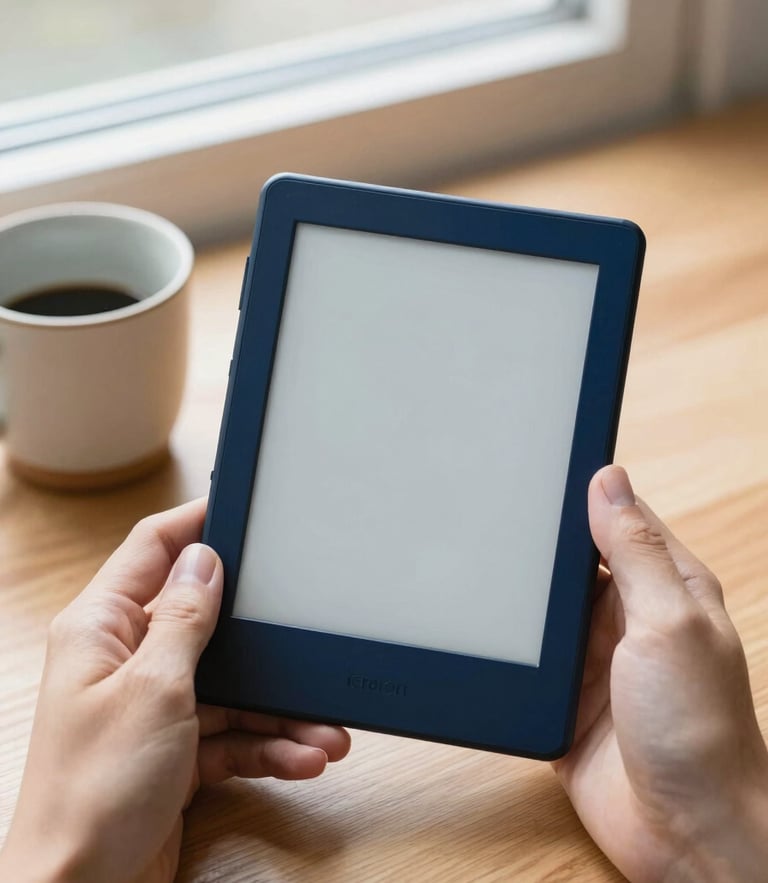 Close-up of hands holding an e-reader next to a ceramic cup on a wooden table, soft window light, clean editorial photography, 35mm lens.
