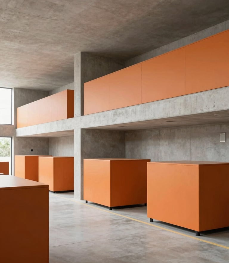Wide angle of a modern, organized logistics space with clean concrete lines, soft diffused daylight, warm ochre accents, editorial corporate photography style