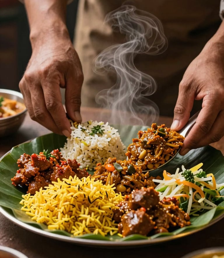 Close-up of hands serving a traditional multi-course vegetarian meal on a leaf plate, warm steam rising, vibrant saffron rice and colorful curries, soft golden lighting.