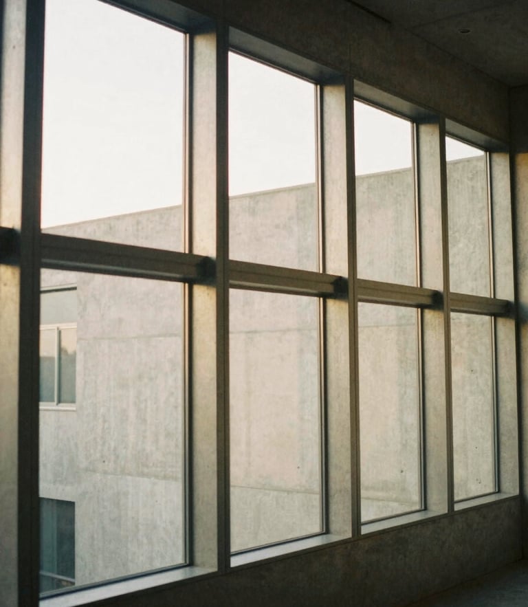 Architectural interior photography of a residential steel frame integrated with concrete walls, soft natural afternoon light filtering through large empty window openings, muted warm neutral tones, medium format film.