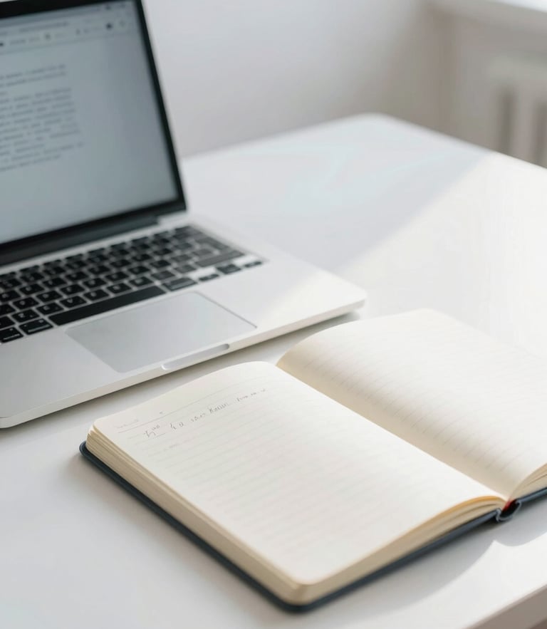 A bright, clean study desk with a laptop open, a notebook with tidy handwriting, soft natural morning light, 35mm photography