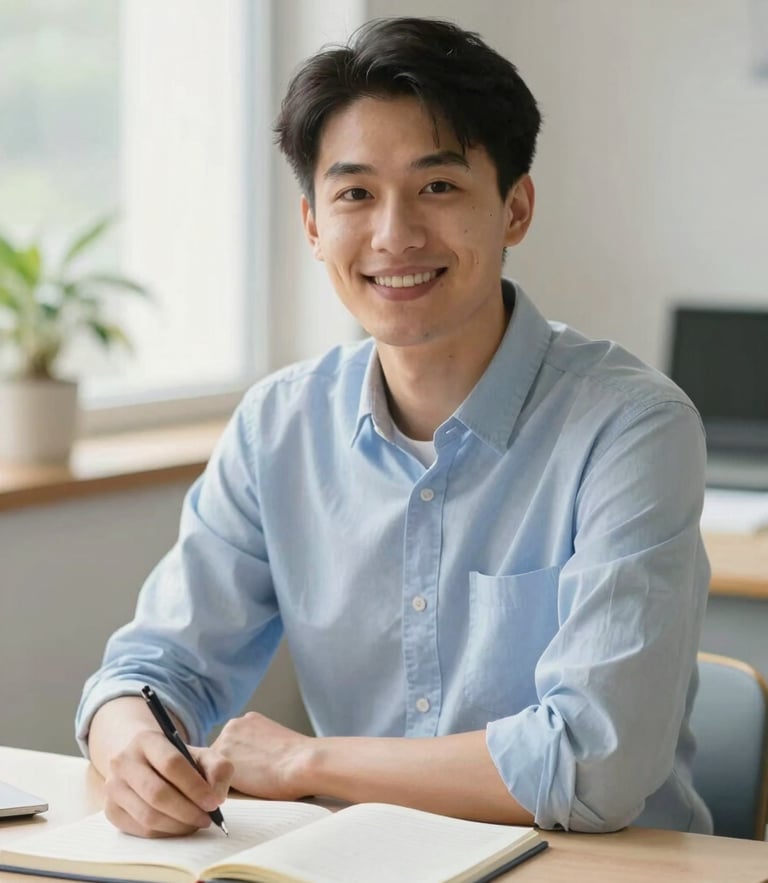A warm, bright portrait of a professional tutor smiling next to a clean study desk with notebooks, soft natural daylight, shallow depth of field, 35mm