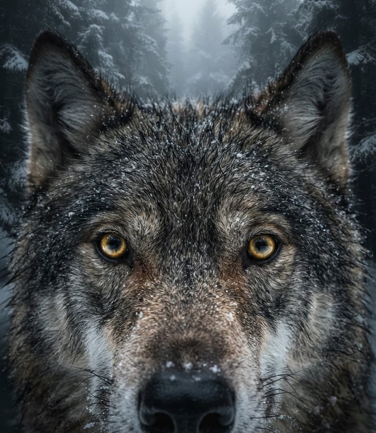 Extreme close-up of a wild wolf's eyes in a misty winter forest, dramatic backlighting, ultra-sharp detail, professional telephoto lens
