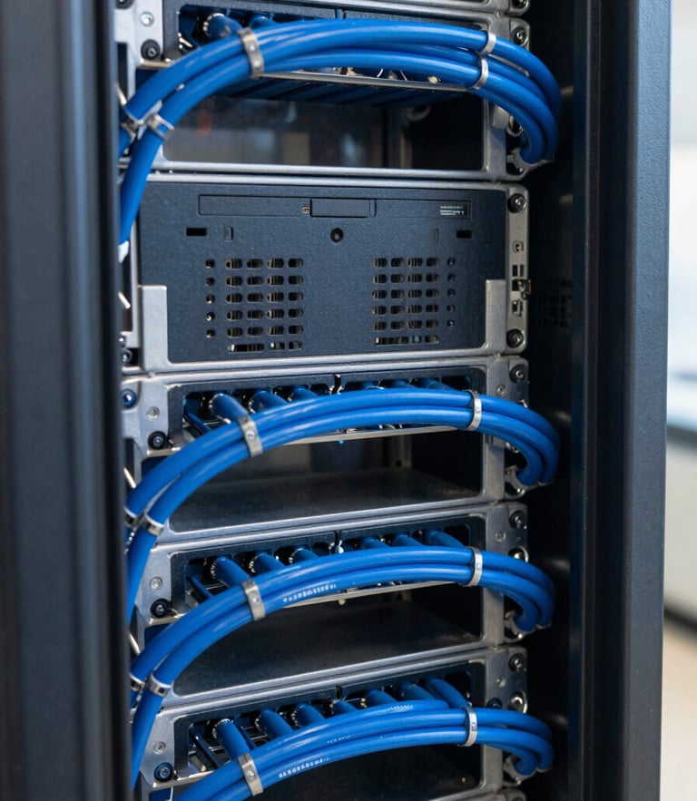 Close-up of structured server rack with clean blue cable management, natural industrial lighting, sharp focus