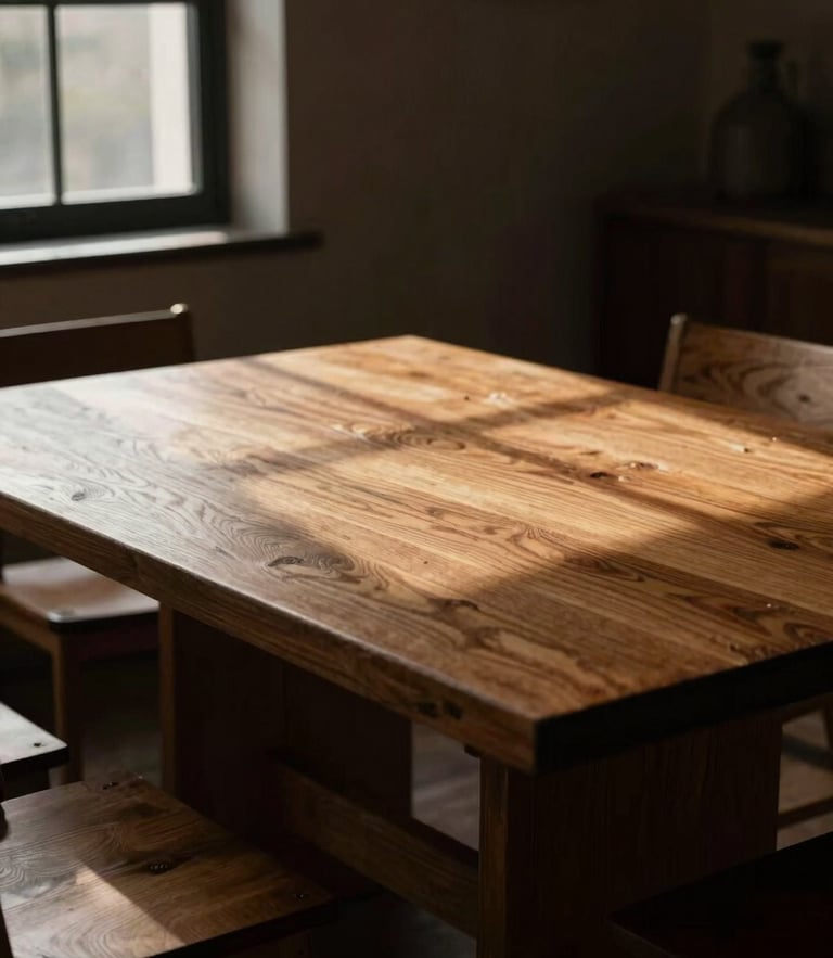 High-contrast editorial photograph of a massive square oak dining table in a sun-drenched architectural space, low-key side window light, deep shadows, 35mm