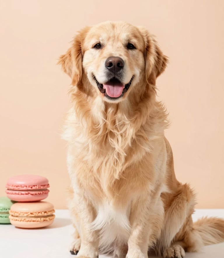 A happy fluffy golden retriever sitting calmly against a soft peach background, warm morning daylight, shallow depth of field, high-key editorial pet photography