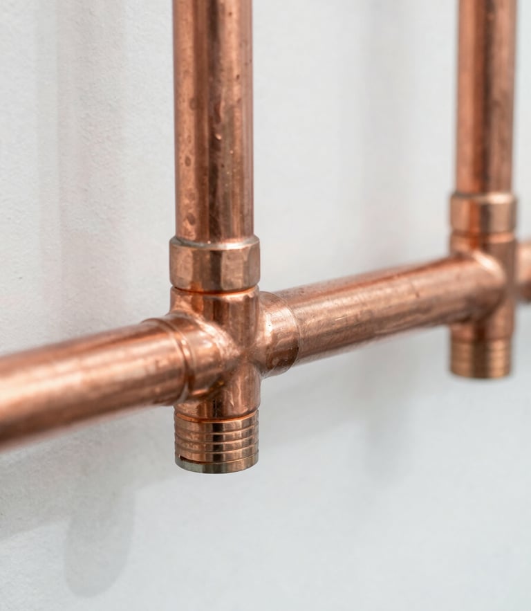 Close-up of clean copper pipe joins in a bright, well-lit utility room, sharp focus, 35mm lens