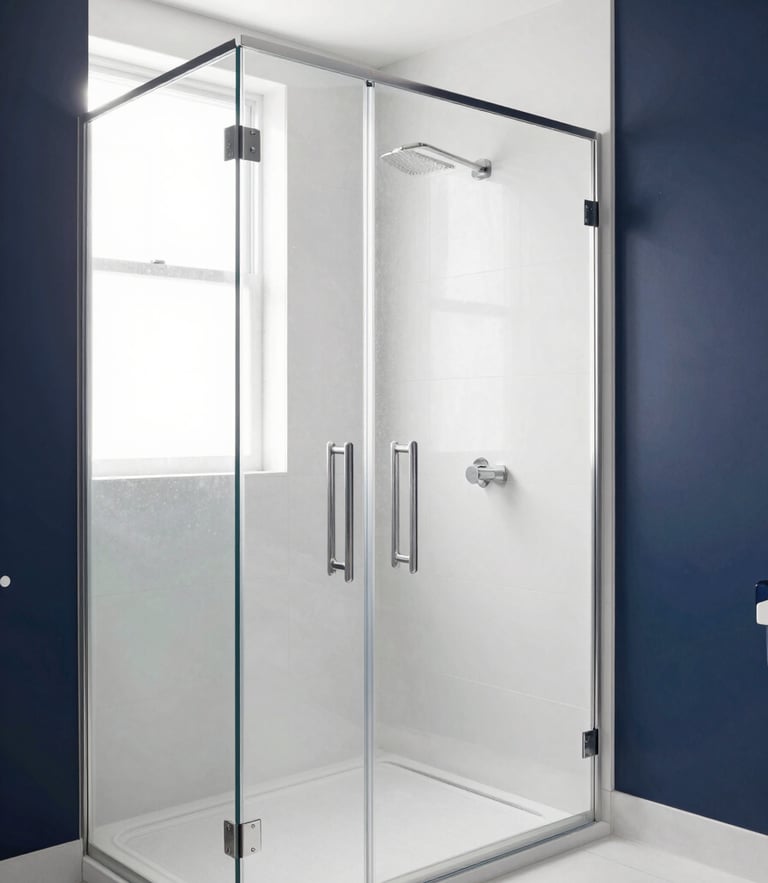 Sleek modern bathroom with a bright walk-in shower, glass enclosure, elegant safety grab bars integrated into white tile walls, natural window light