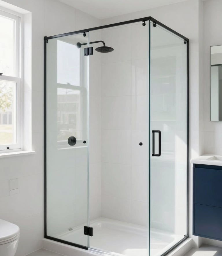 Bright modern bathroom with a newly completed tub-to-shower conversion, white tiling, matte black fixtures, glass door, natural sunlight