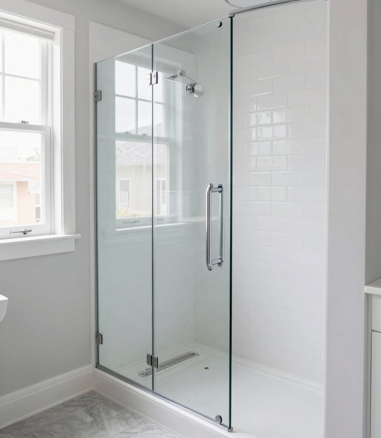 Bright, immaculate bathroom showing a newly remodeled walk-in shower with a sleek glass enclosure, elegant chrome grab bar, and white subway tiles. Natural daylight floods from a side window, emphasizing the clean, slip-resistant floor.