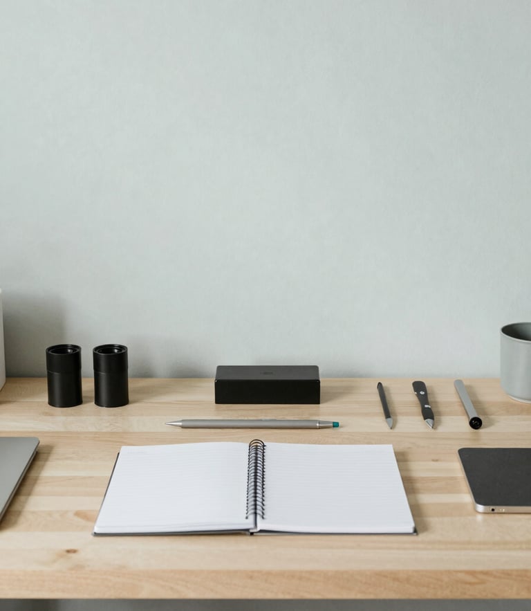 A quiet, highly structured workspace in Spanish Fork, Utah. Soft diffused daylight illuminates a clean wooden desk with aligned design tools and a notebook, 35mm