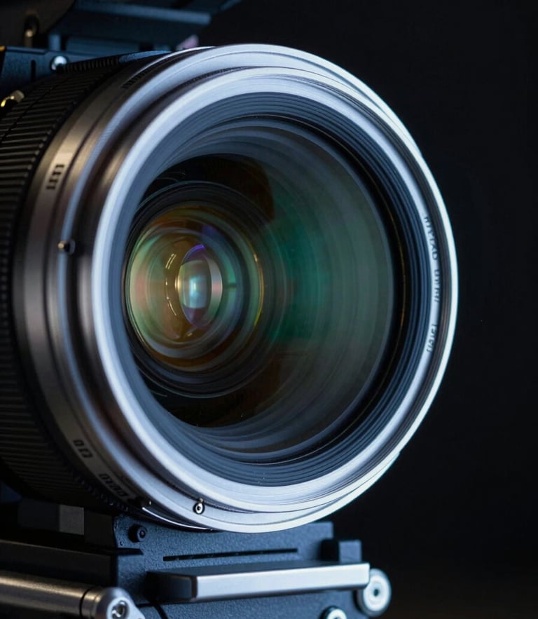 Cinematic close-up of an ARRI camera sensor in a dark, low-key studio setting, cool steel-blue key light reflecting off the glass, sharp technical lines.