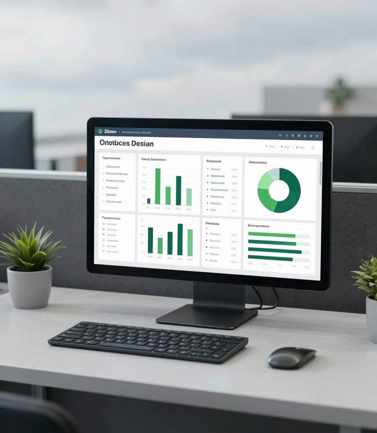Overhead environmental desk layout with analytical dashboards, soft overcast British daylight, muted navy and forest green tones, 35mm