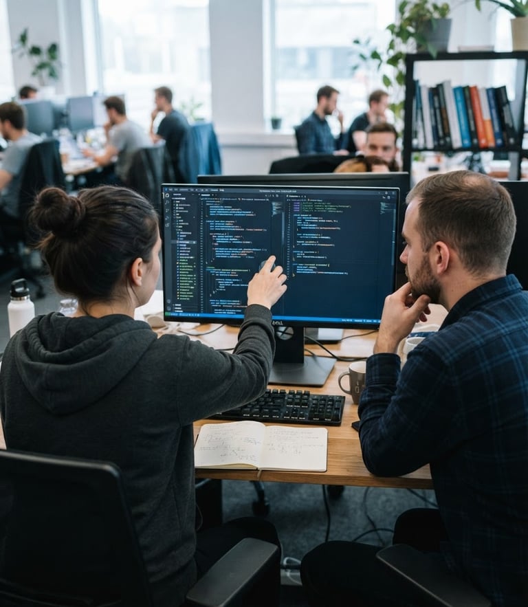 Over-the-shoulder perspective of two engineers reviewing code on a monitor, cool natural office light, subtle blue screen glow, sharp focus, 35mm lens