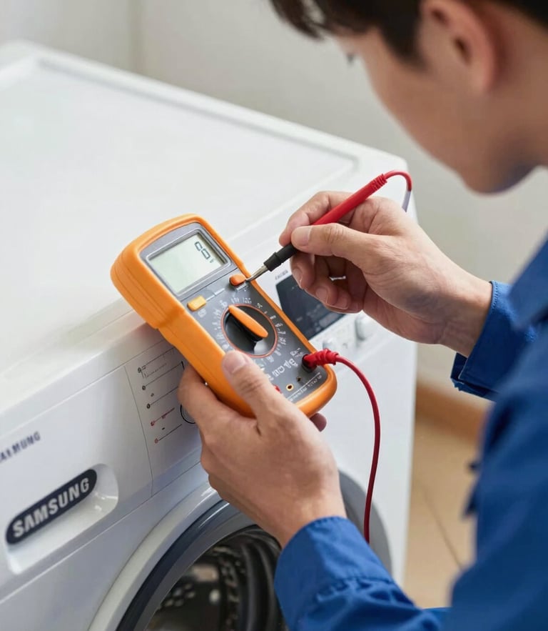 Close-up of a professional technician's hands in a clean blue uniform diagnosing a Samsung washing machine control panel with a digital multimeter, bright natural lighting, sharp focus on the electronic components.