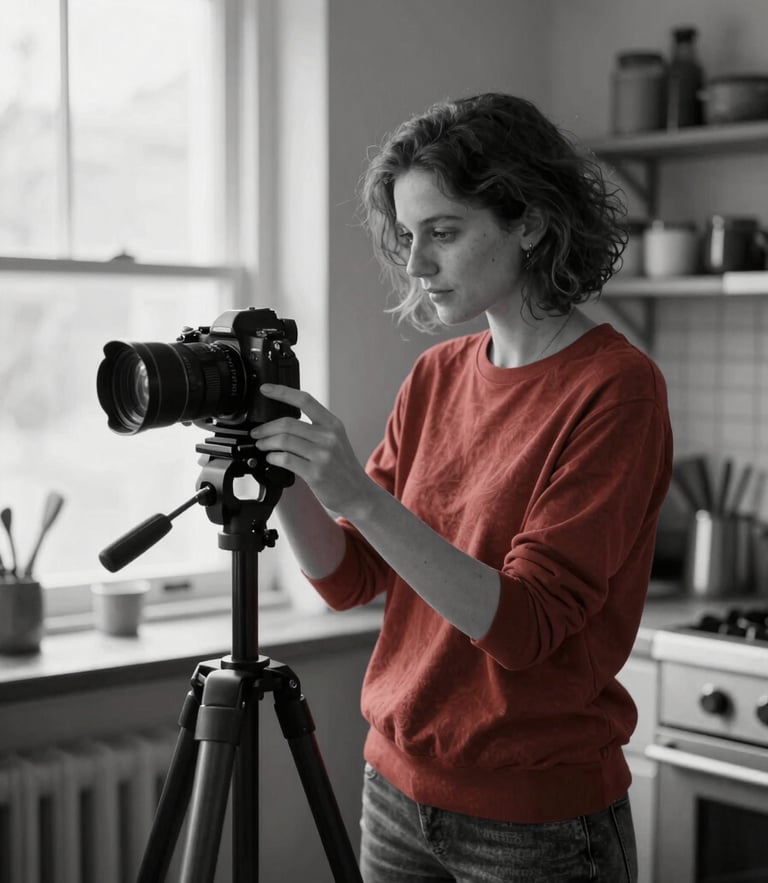 Black and white editorial portrait of a female creative director adjusting a camera on a tripod in a rustic kitchen studio, soft window light, authentic