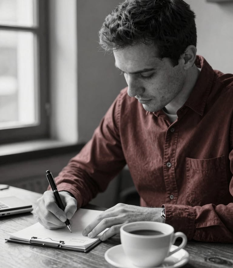 Black and white editorial portrait of a male strategist writing on a wooden table with a coffee cup nearby, natural light, focused
