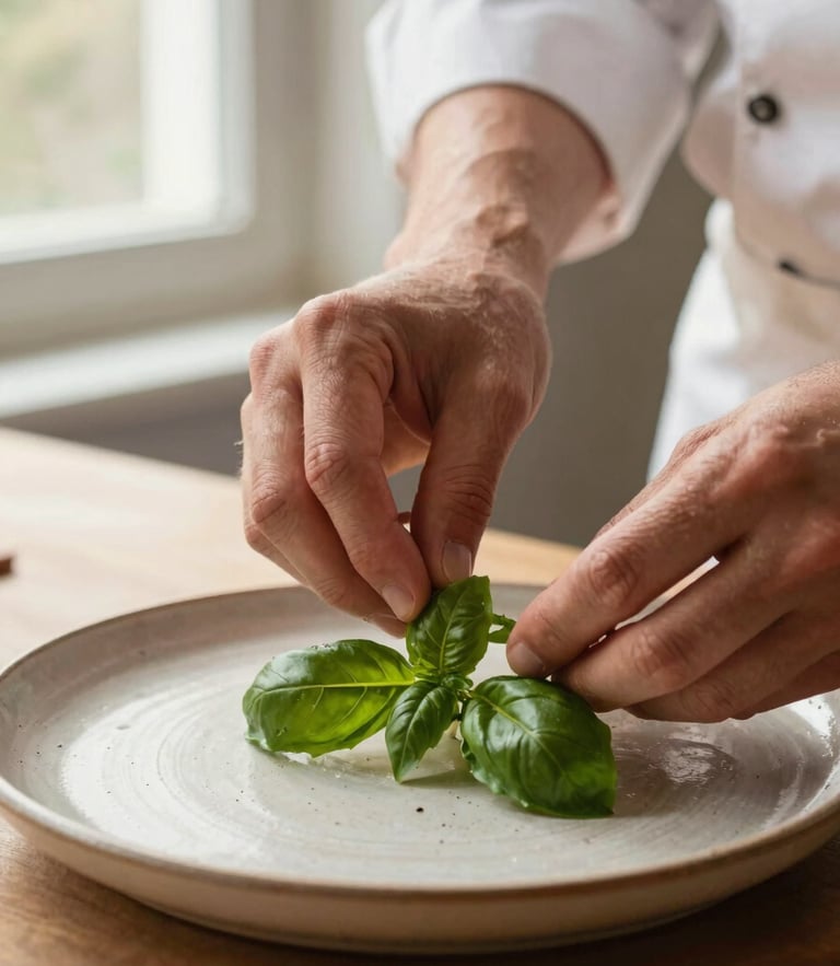 Close-up of chef's hands carefully placing a fresh basil leaf on a handmade ceramic plate, soft morning light from a side window, warm tones, 35mm photography