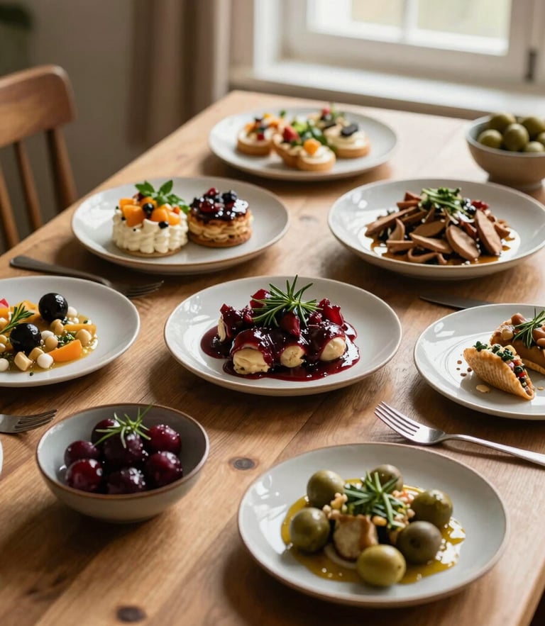 Overhead shot of a rustic wooden table filled with artisanal French dishes, warm morning light, bordeaux accents, fresh herbs.