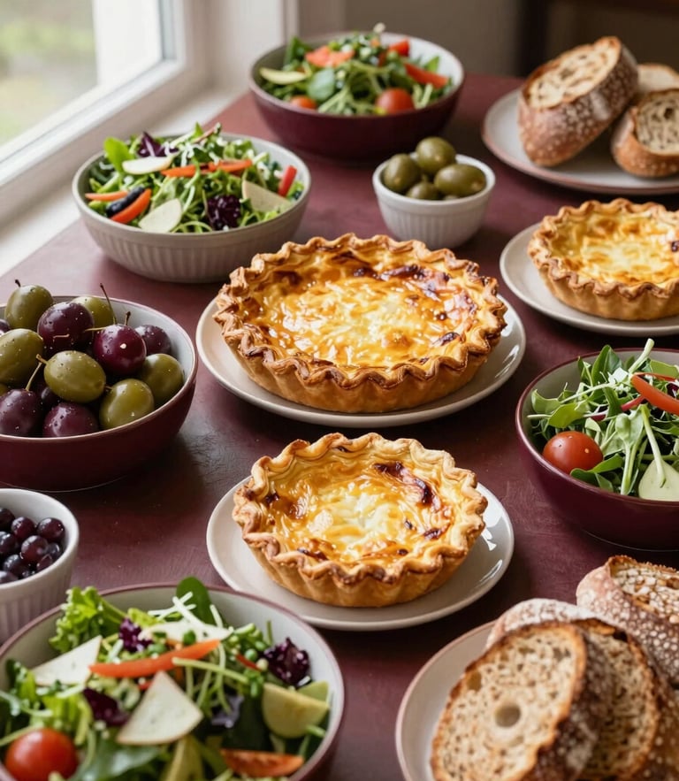 Overhead flat-lay of an abundant French buffet table with golden quiches, fresh salads, and artisanal breads, warm natural daylight, bordeaux accents