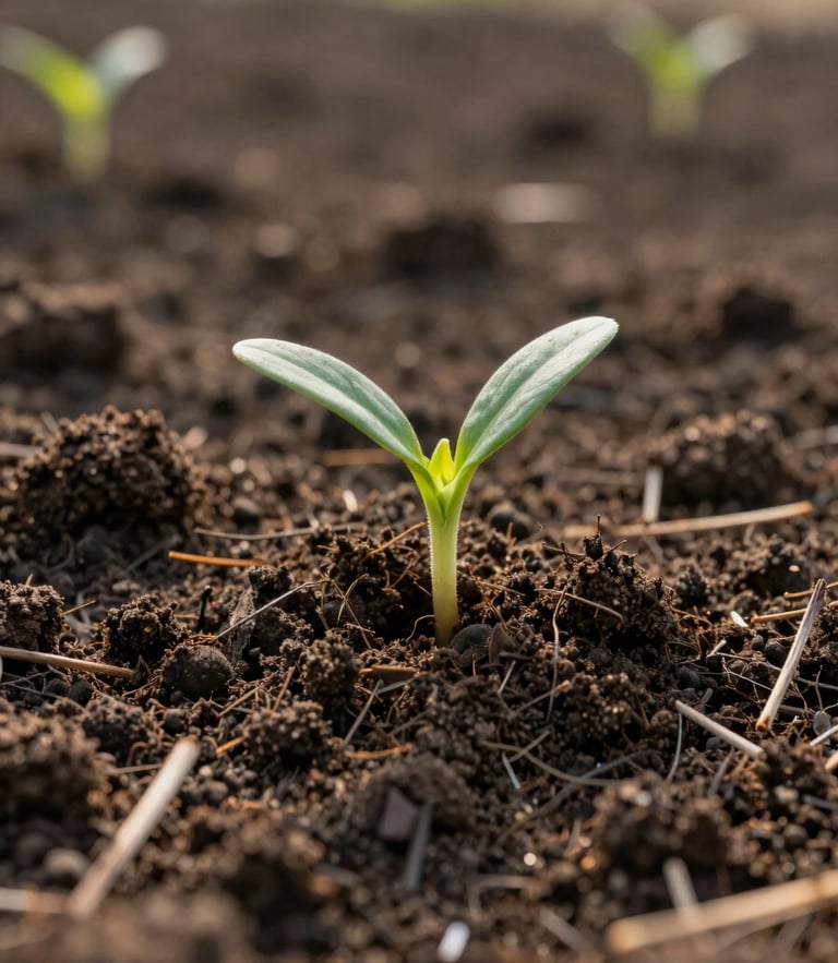 A close-up vertical shot of rich, dark cultivated organic soil with a single green sprout emerging under soft morning sunlight, shallow depth of field.