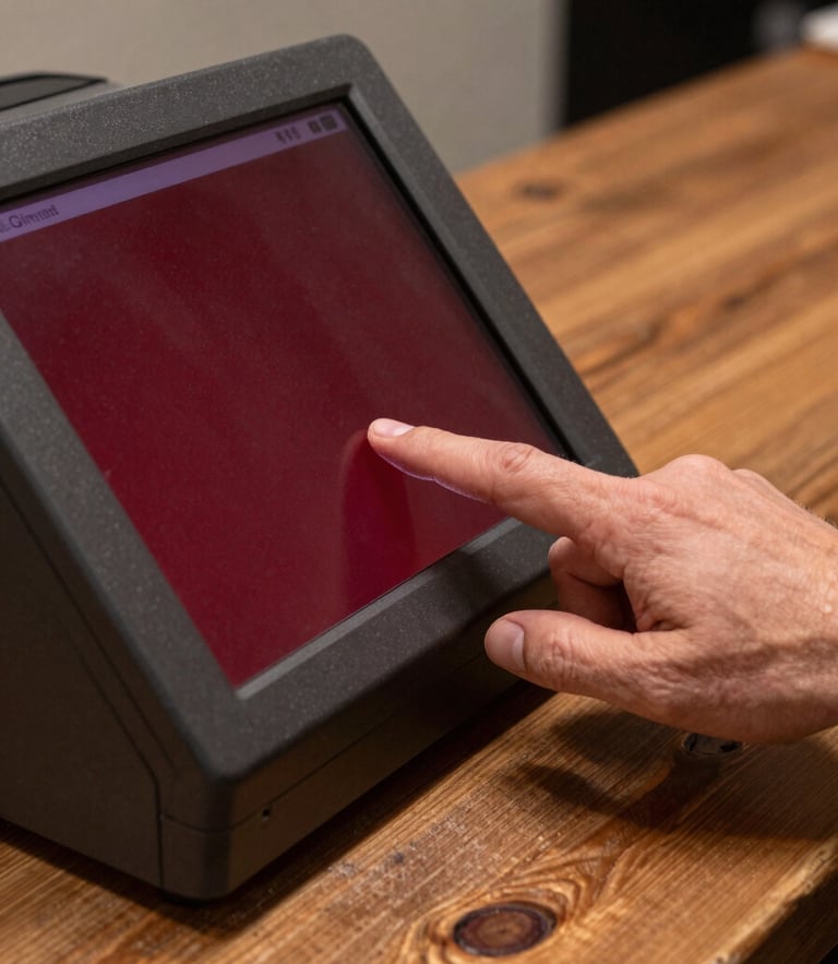 Tactile close-up of a hand tapping a deep crimson POS terminal screen on a rustic wooden counter, soft side lighting, flour dust visible on the wood.