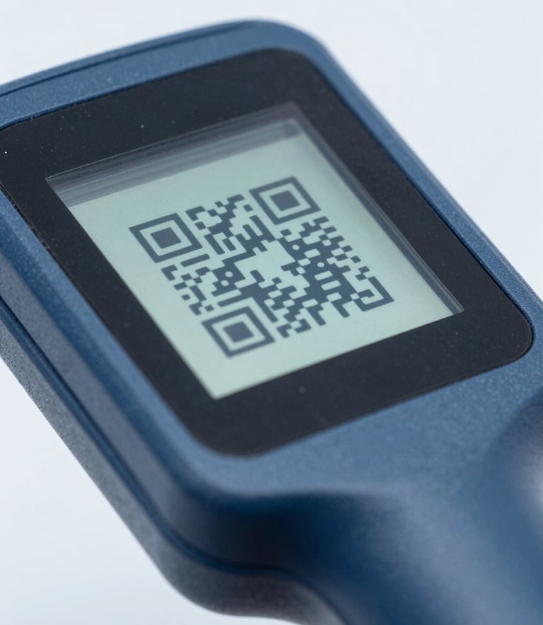 Macro shot of a handheld logistics scanner displaying a QR code on a screen, cool blue and slate tones, sharp focus