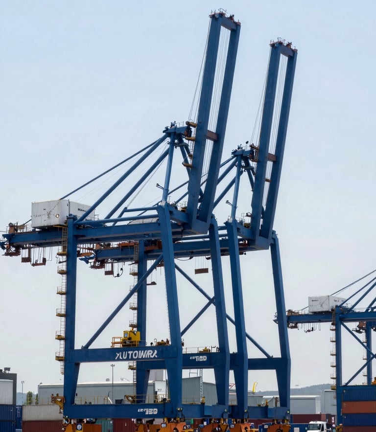 Crisp cool-toned daylight shot of a modern automated container terminal with towering blue cranes, sharp focus, 35mm