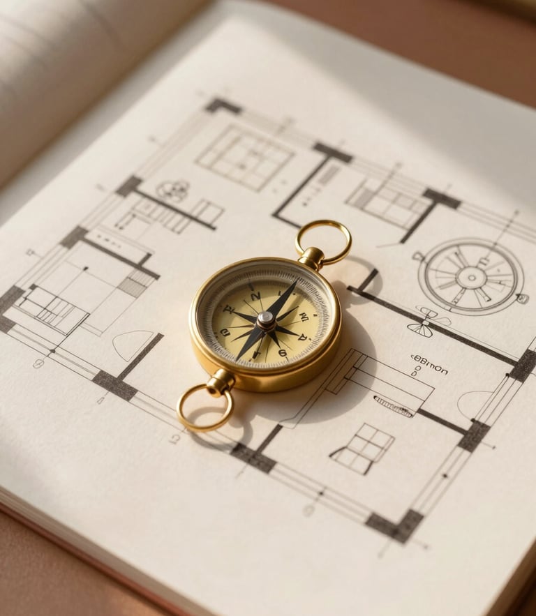 Overhead flat-lay of a modern architectural floor plan with a brass compass, warm morning window light casting soft shadows on a cream surface