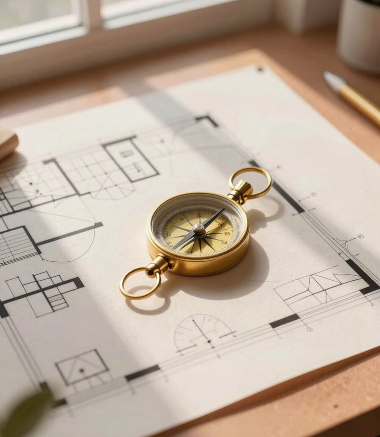 Overhead flat-lay of a modern architectural floor plan with a brass compass, warm morning window light, terracotta accents