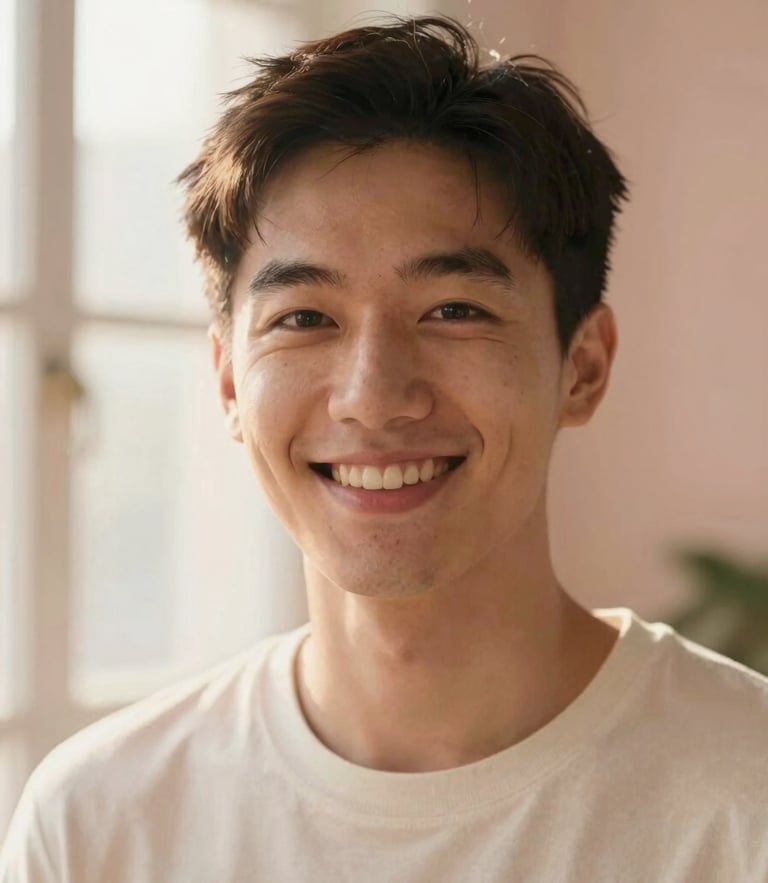 Soft-focus portrait of a smiling creator with natural skin texture, warm golden hour window light, dusty rose background, shallow depth of field.