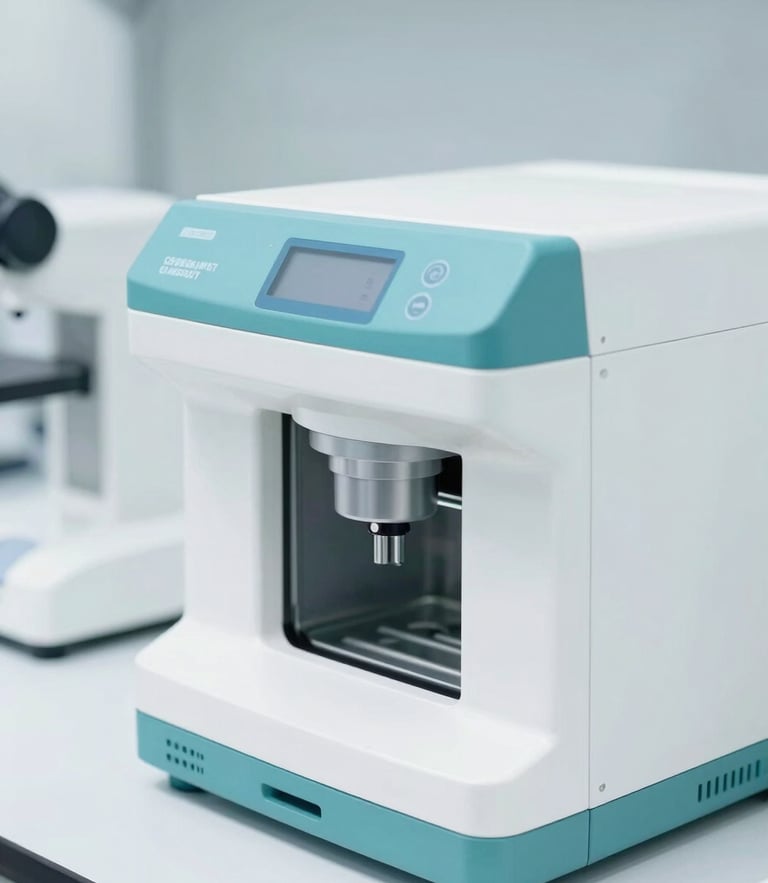 Bright high-key clinical photography, close-up of modern clinical laboratory equipment with sterile white and teal accents, sharp focus, 50mm