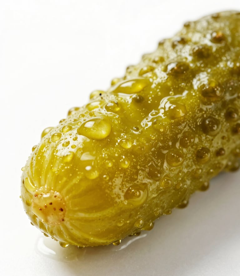 Extreme close-up macro shot of a single vibrant green pickle being snapped in half, glistening droplets of brine flying, bright high-key studio lighting with crisp shadows on a clean white background.